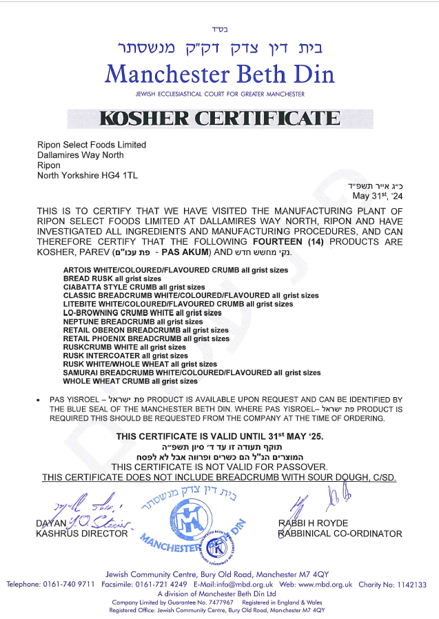 Kosher Certificate Rusk Crumb 24-25